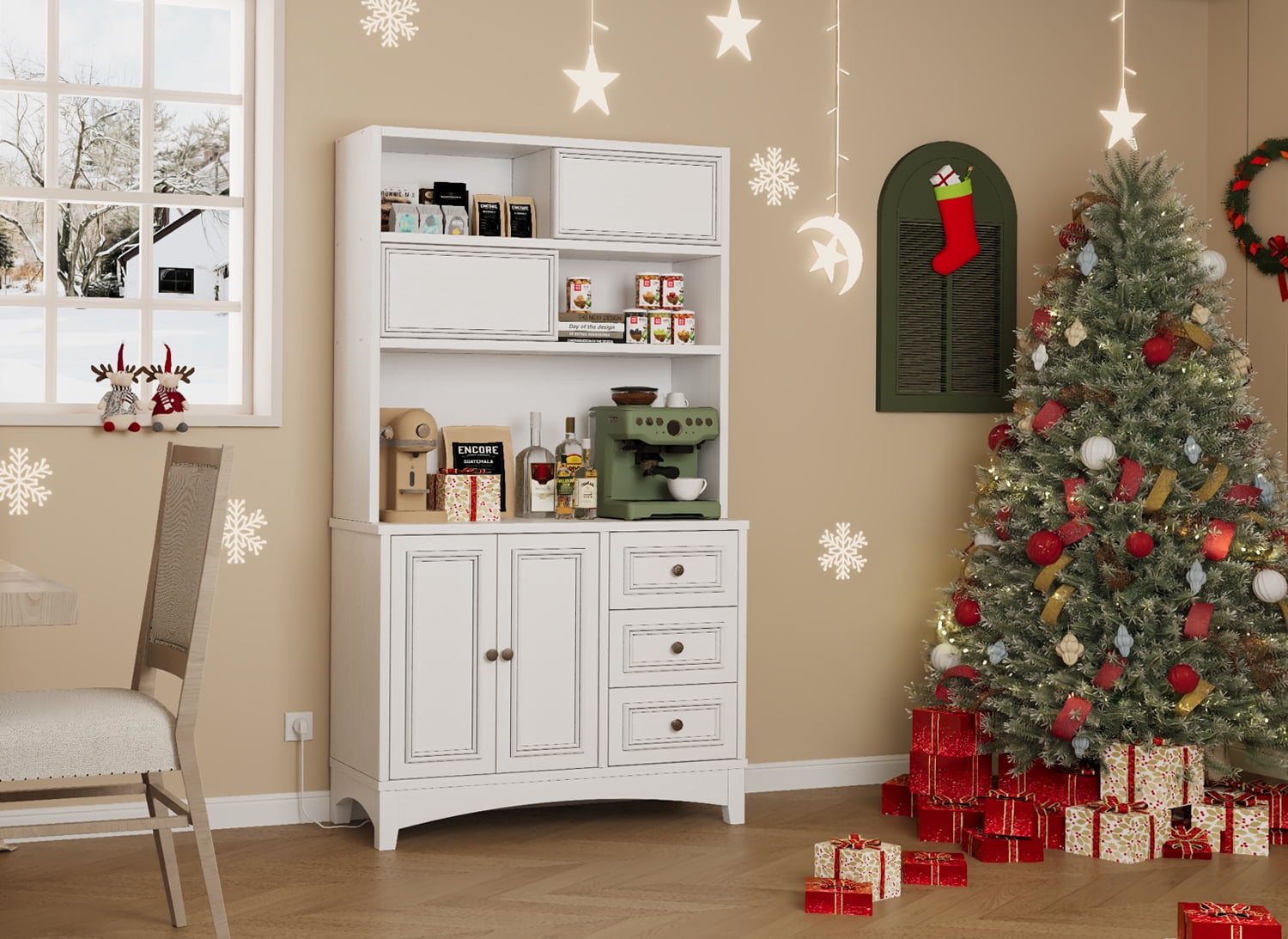 71" Tall Kitchen Pantry Cabinet with Charging Station, Large Food Pantry Storage Cabinet with Microwave Stand for Dining Room, White