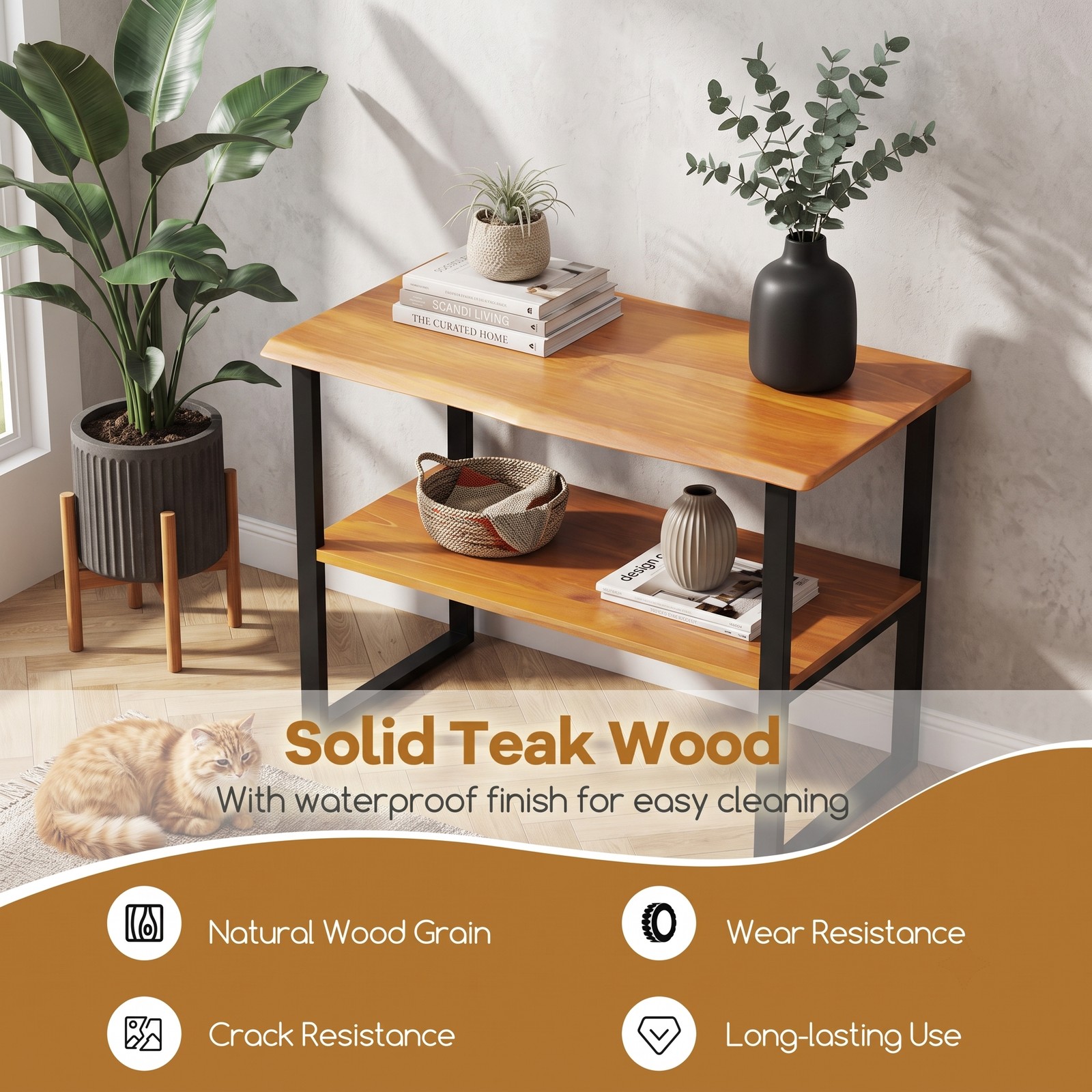 Furnibear 2-Tier Teak Wood End Table, Sofa Side Table with Open Storage Shelf for Living Room Bedroom Hallway Laundry Room, Waterproof Nightstand, Natural and Black