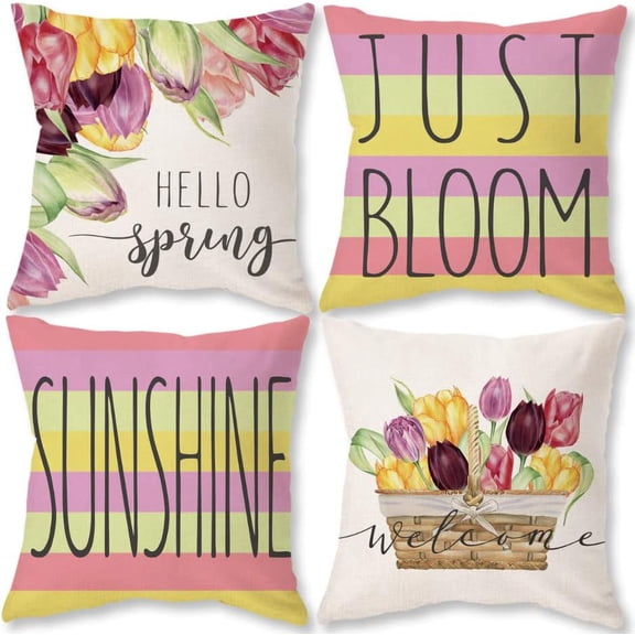 Hello Spring Pillow Covers 18X18 Set of 4 Pink Stripes Tulips Pillows Sunshine Bloom Floral Farmhouse Decorative Throw Cushion Case for Home Decor