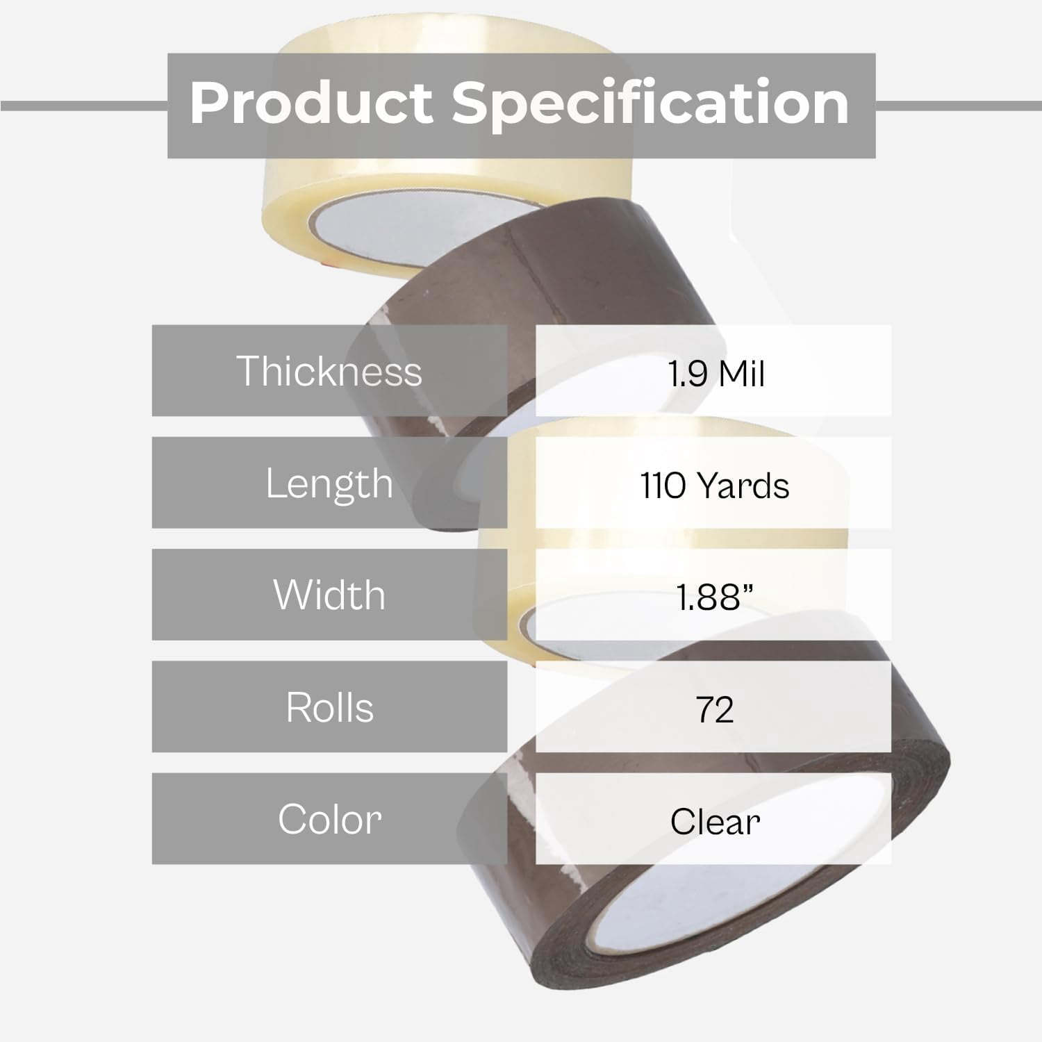 Shield Tape Packing Tape, 1.88 Inch x 110 Yards 72 Pack, Clear, 1.9 Mil, Acrylic Packaging Tape for Dispenser Refill, Moving, Storage, Shipping [Heavy Duty]