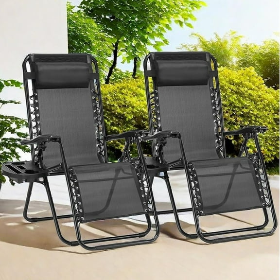 Simenmax Zero Gravity Chair Set of 2 with Cup Holder & Removable Pillows, Adjustable Reclining Outdoor Patio Folding Chairs Portable Lounge Chair Furniture for Poolside, Lawn, Beach, Camping, Black