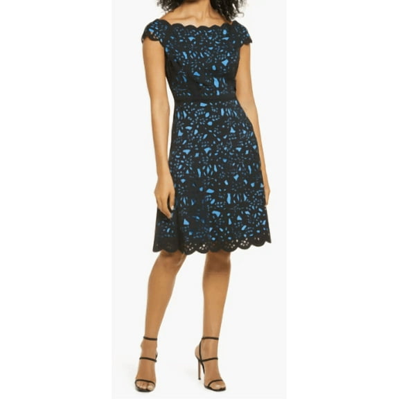 Shani BLACK/BLUE Women's Off the Shoulder Laser Cutting Dress, US 4