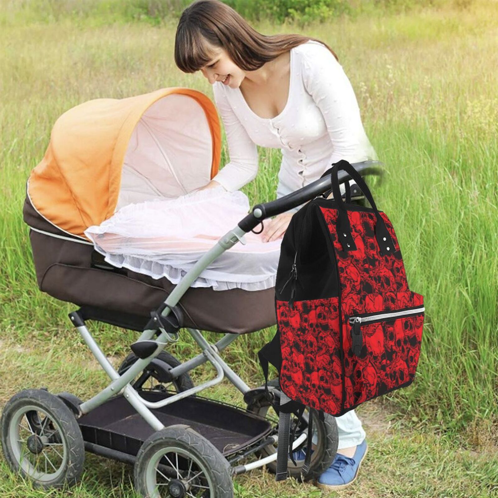 Ratiio Red Skulls 3 Mummy Backpack - Waterproof Twill Canvas, Large Capacity Diaper Bag with Multiple Pockets and Adjustable Straps