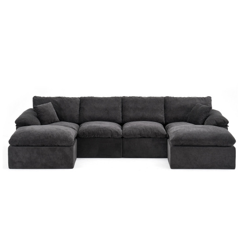 130" Modular Sectional Sofa, L-Shape Cloud Couch with 2 Movable Ottomans, Comfy Chenille Deep Seat Sofa with Soft Pillows for Living Room Apartment, Black