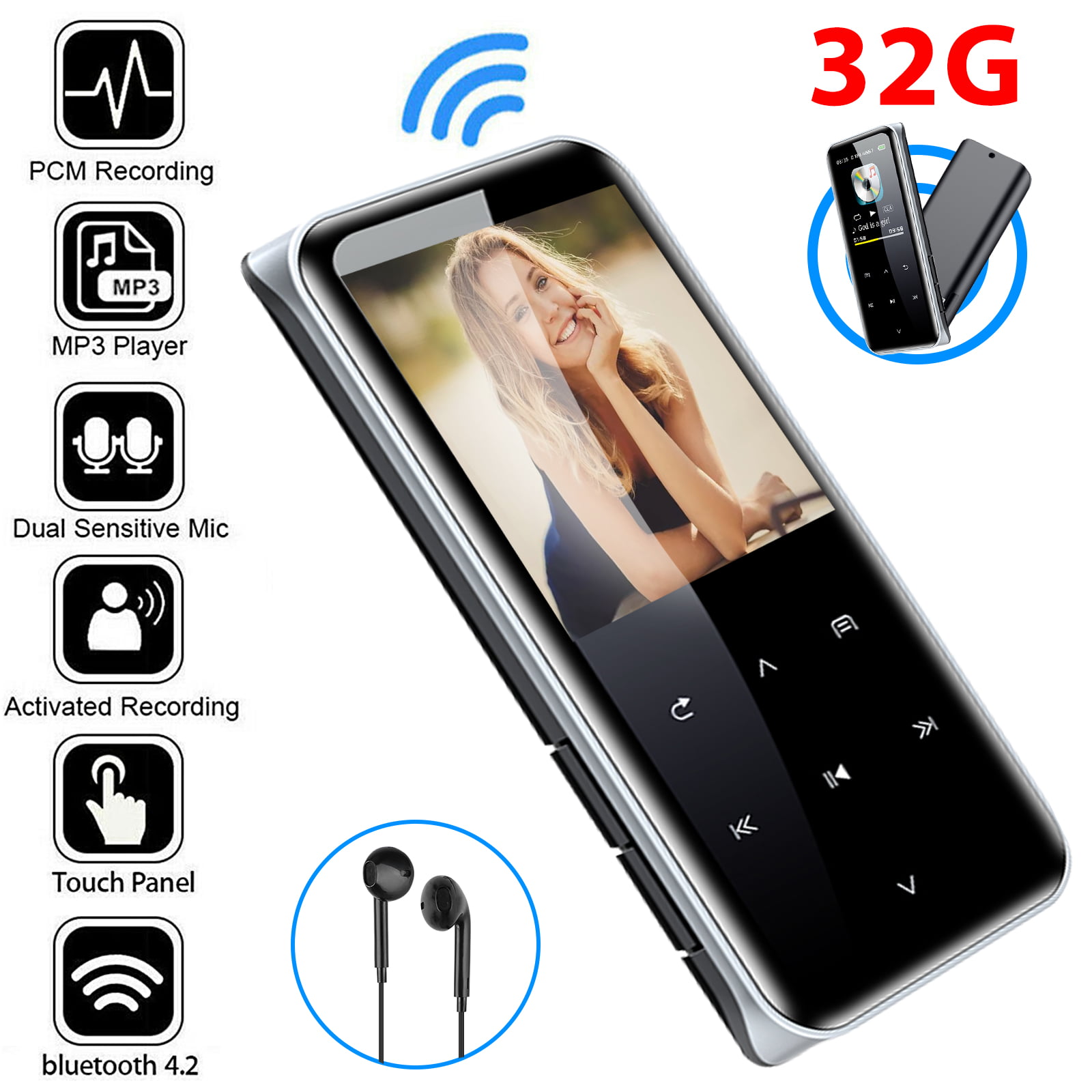 Built-in Speaker 1.2 Inch Full Touchscreen,Black,32G MP3 Player with Bluetooth 4.2 HiFi Lossless Sound MP3 Music Player 