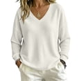 thumbnail image 3 of Waffle Knit Sweatshirt for Women Solid Color Long Sleeve V Neck Loose Fit Pullover Tops for Fall Winter, 3 of 8