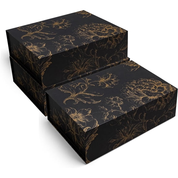 Luxury Keepsake Gift Box 3-Pack | Black Gold Floral Decorative Boxes with Magnetic Lids for Presents, Wedding Memory Box, and Bridal Gifts. 11.5" x 7.5" x 3.5"