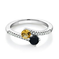 Gem Stone King 925 Sterling Silver Yellow Citrine and Black Onyx Bypass Ring for Women (0.72 Cttw, Gemstone November Birthstone, Round 4MM, Available in Size 5, 6, 7, 8, 9)