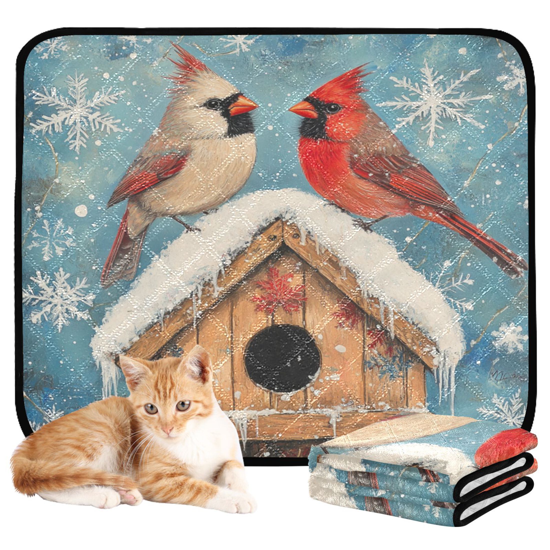 Qxltty Winter Cardinal Bird Cat litter Pads Pet Set of 2 Diaper Mats Center Anti-leakage Layer Absorbent Soft and Comfortable