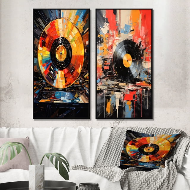 Designart "Retro Disc Popart Dreams II" Vinyl Records Framed Wall Art Set Of 2 - Multi-Color Fashion Framed Canvas Set For Living Room Decor