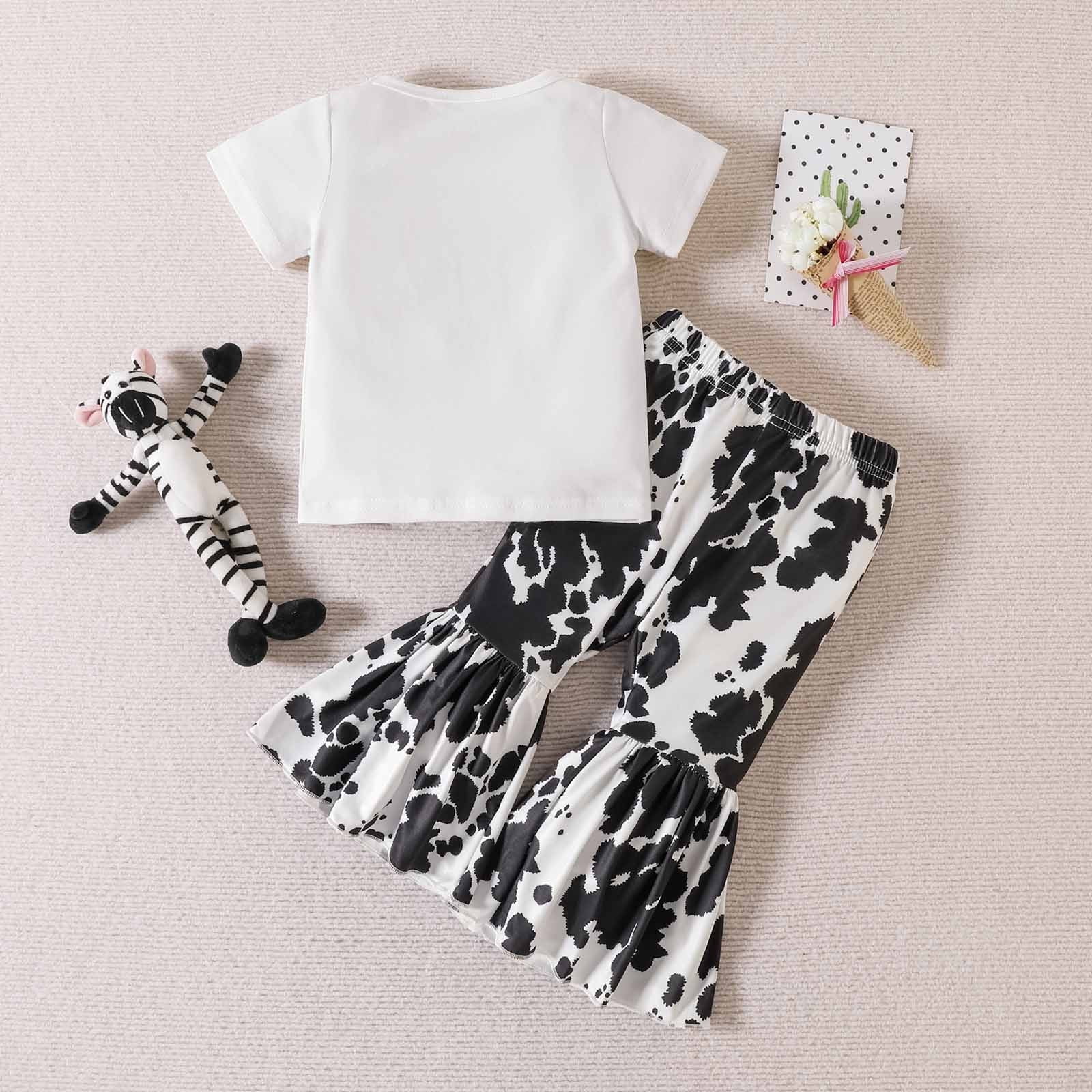 Summer clearance saving zanvin Baby clothes Baby Girls Cotton Crew Neck Short Sleeve Casual Cow Print Trousers Bell bottoms Set Christmas gift