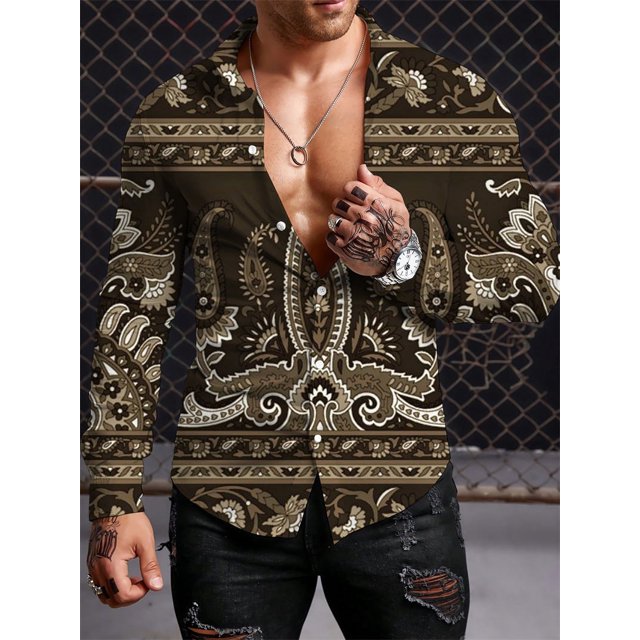 Camisa de manga larga de estilo étnico personalizada, tendencia de otoño, ropa para hombre, camisa de manga larga con solapa retro para hombre, camisa grande con botones