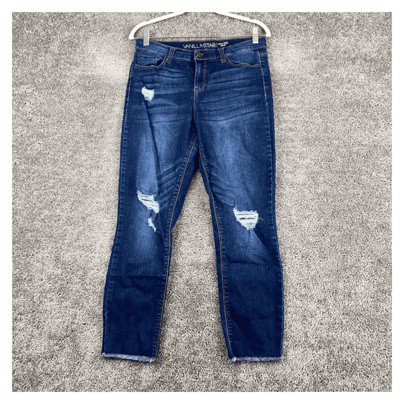VANILLASTAR Mid Rise Crop Slim Straight Medium, Blue, 7]