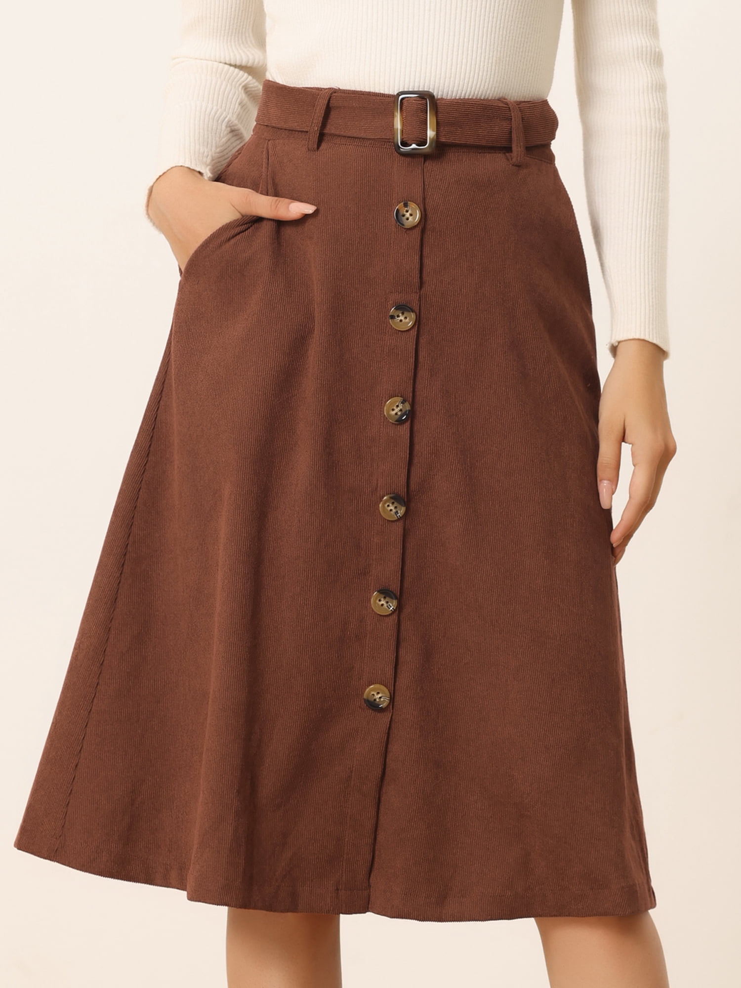 DARING DIVA Women's A-Line Button Front Belted Midi Skirts XL Dark Brown