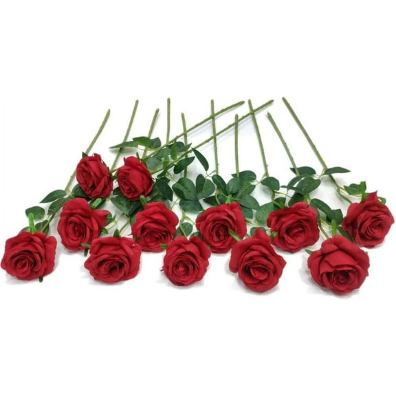 Zukuco 12 PCS Artificial Flowers Roses Silk Flowers Fake Long Stem Artificial Roses for Home Wedding Bathroom Kitchen Decorations (Red)