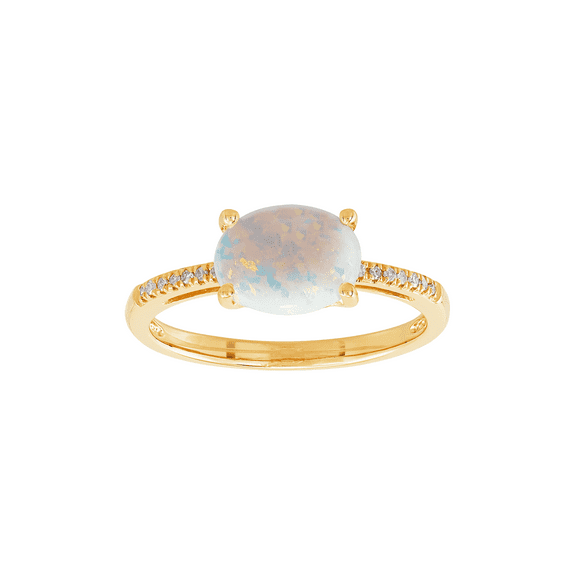 Women's Welry Created Oval Opal Ring with Diamond Accents in 10kt Yellow Gold, Size 9