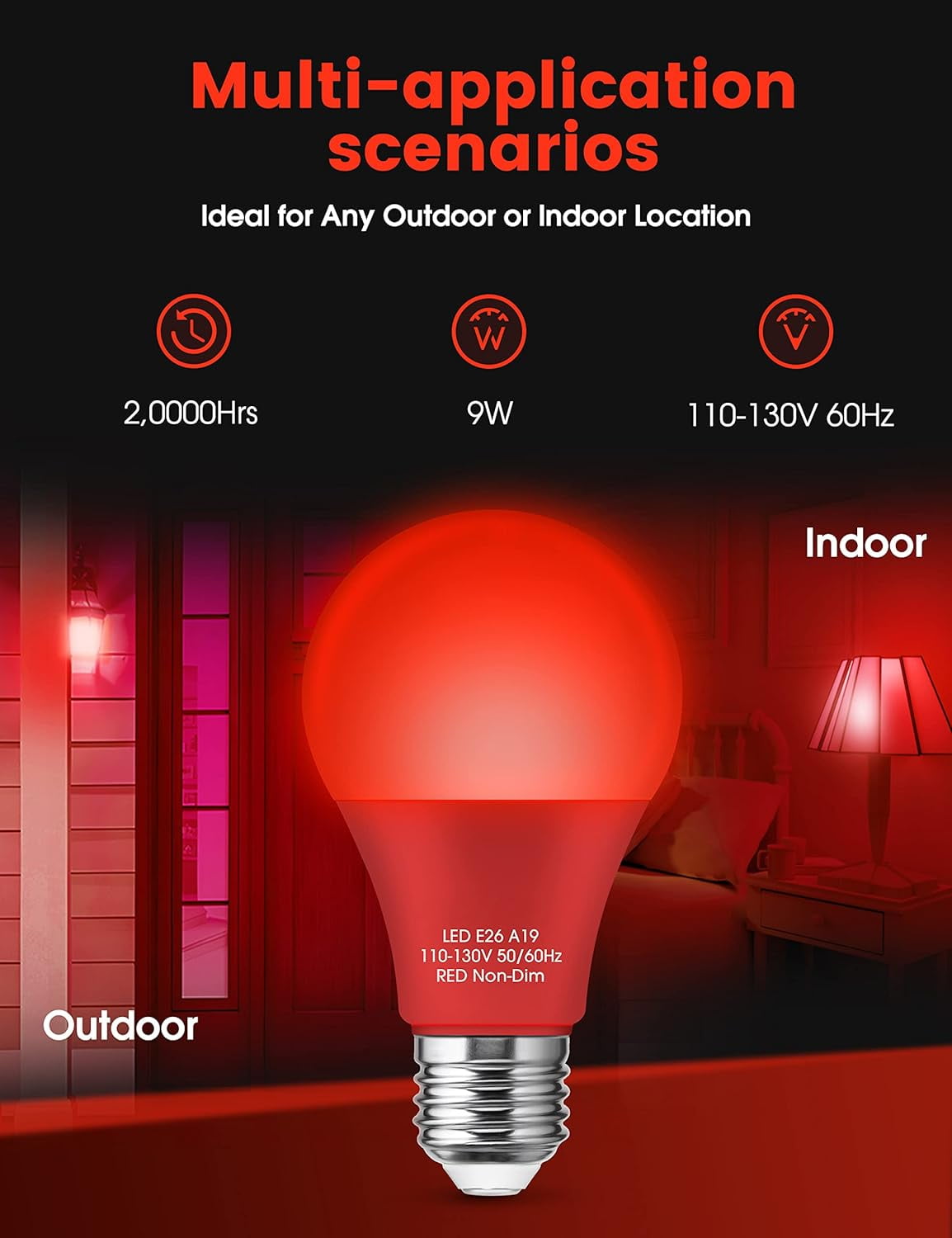 Red Light Bulbs [ 4 Pack] Christmas Light Bulbs 9W (60W Equivalent) A19 LED Red Light Bulb Indoor/Outdoor, E26 Base Non-Dimmable,720LM Porch Light for Christmas Day Decorations