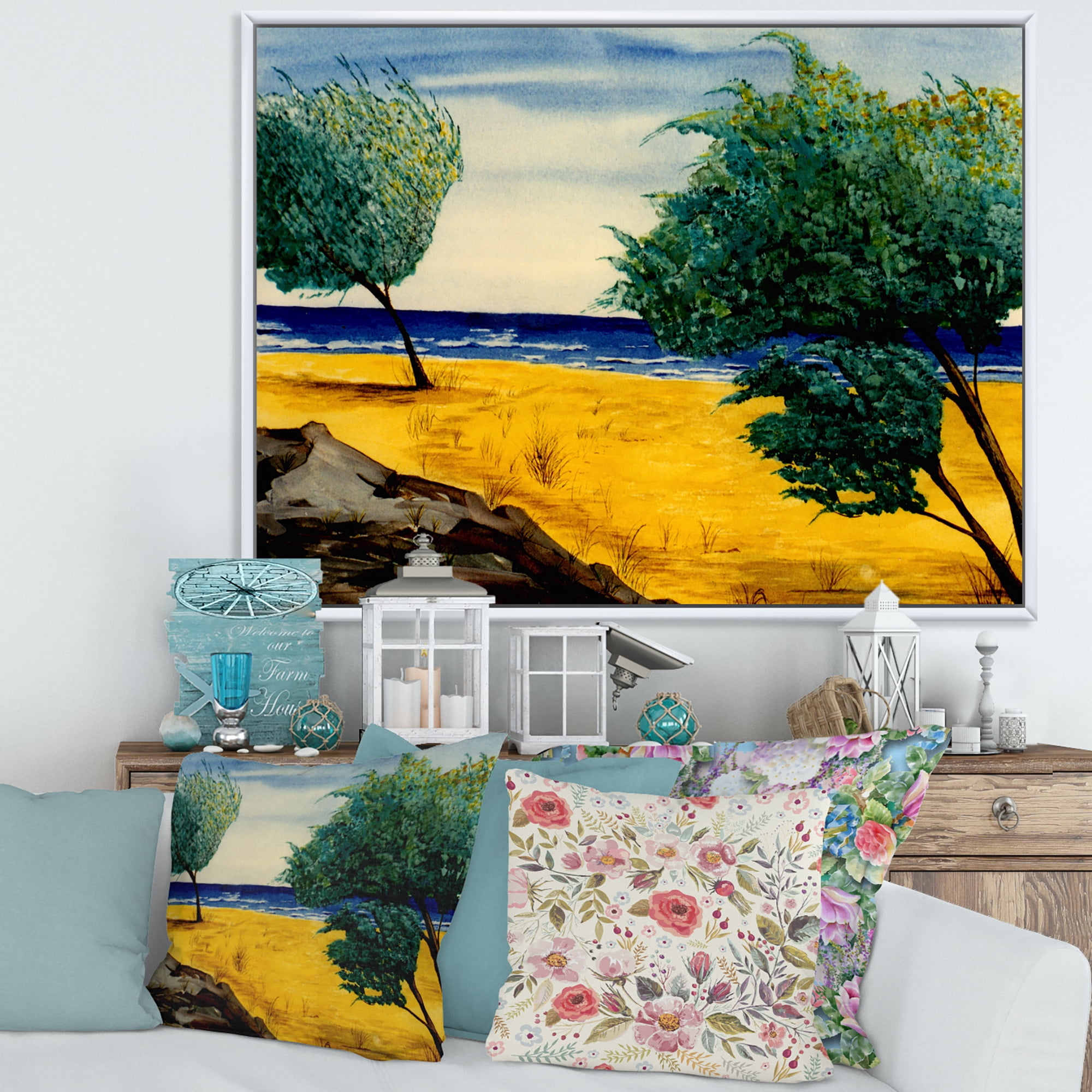 Designart 'Blue Beach By The Coastline' Nautical & Coastal Framed Canvas Wall Art Print