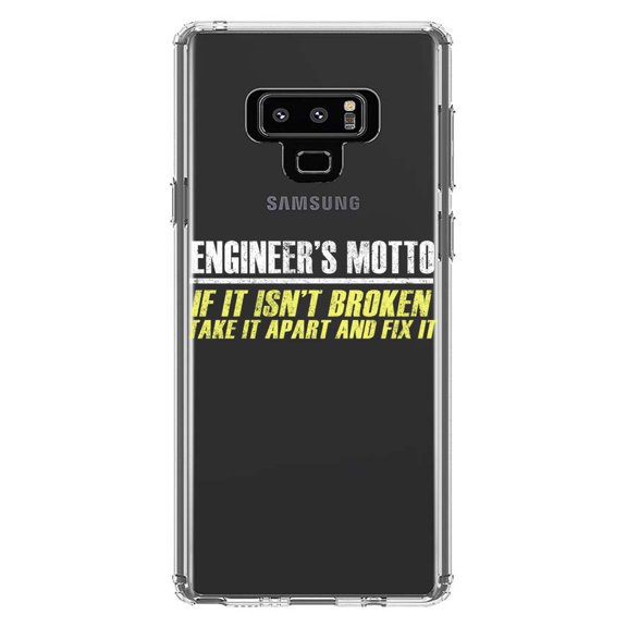DistinctInk Clear Shockproof Hybrid Case for Samsung Galaxy Note 9 - TPU Bumper Acrylic Back Tempered Glass Screen Protector - Engineer's Motto If Isn't Broken Fix It