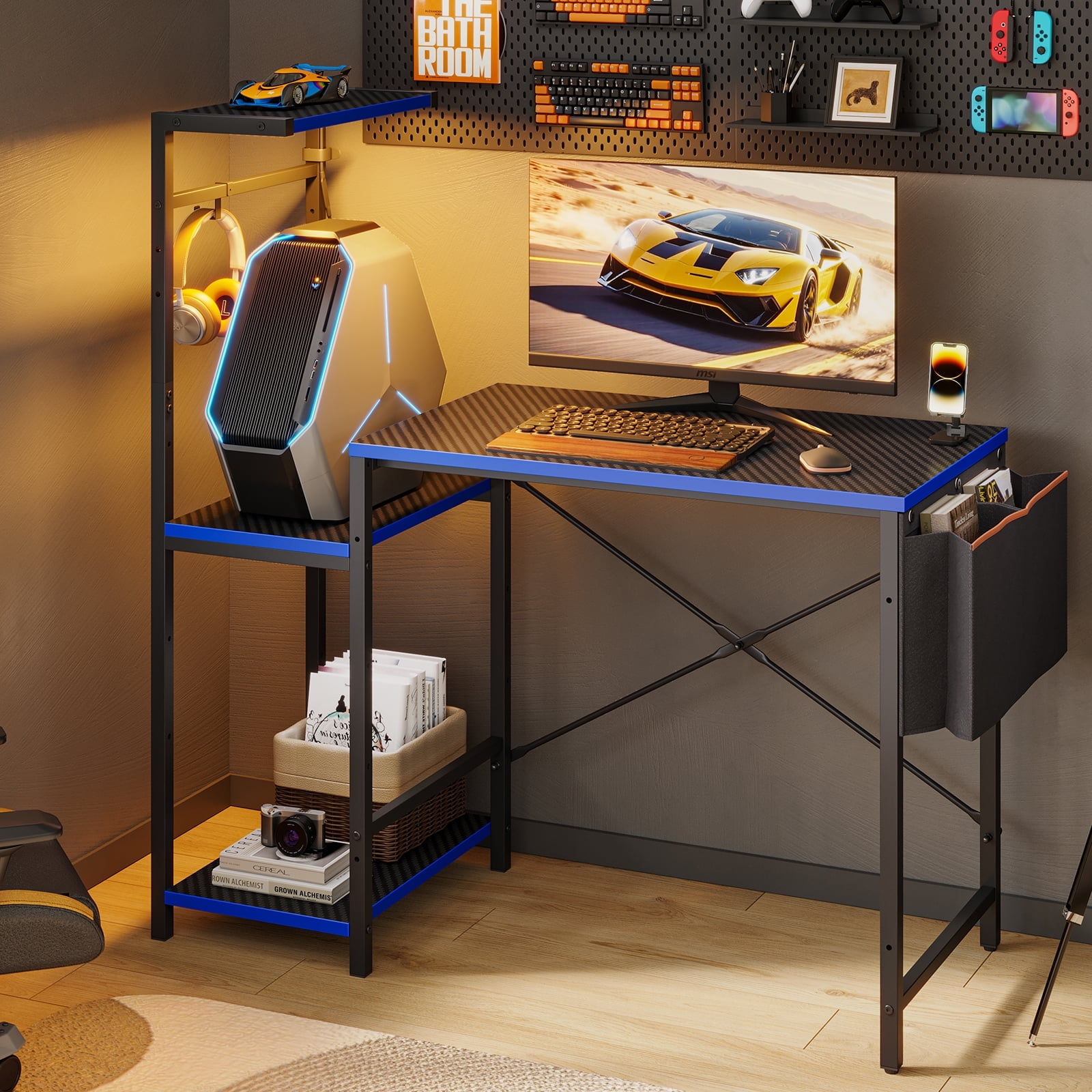 Bestier Gaming Desk with LED Lights, 44'' Computer Desk with Reversible Shelves, PC Gamer Desk with Side Storage Bag, Hooks and Height Adjustable Shelf for Home Office, Blue