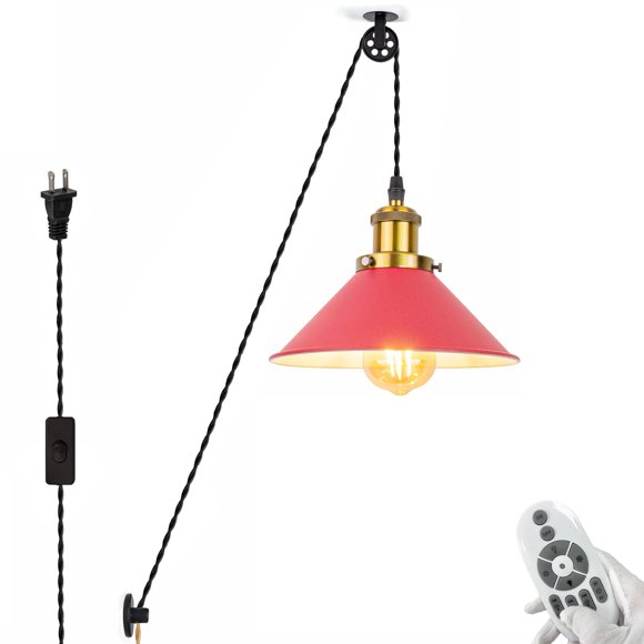 FSLiving No Wiring Needed Pendant Lighting Swag with Industrial Pulley Design, 15ft Plug-in Dimmer Cord with Wheel, Remote Control LED Edison Bulb Antique Brass Socket Cone Vintage Red Shade
