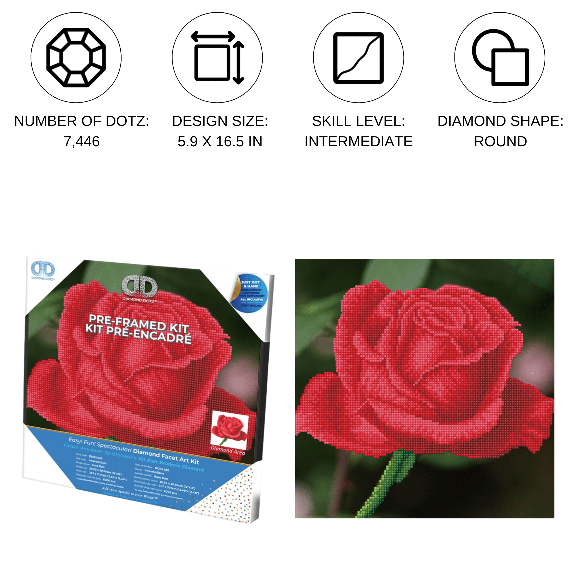 Diamond Dotz Rose-Bud with Frame Flower Diamond Painting Kits for Adults - Diamond Art Kits a Relaxing Creative Craft Kit with Dotz Gems 12"x12"