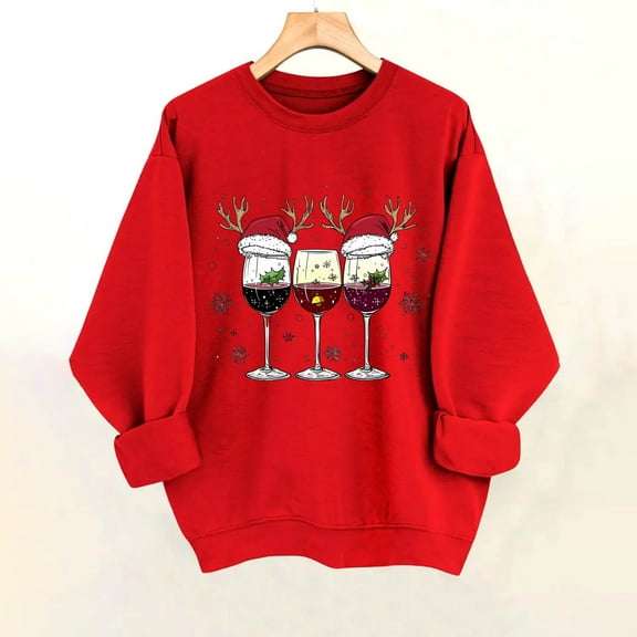 HOMBOM Christmas Sweatshirts for Women Festive Yellow Xmas Crewneck Light Up Soft Merry Ladies Sweatshirt Wine Glasses