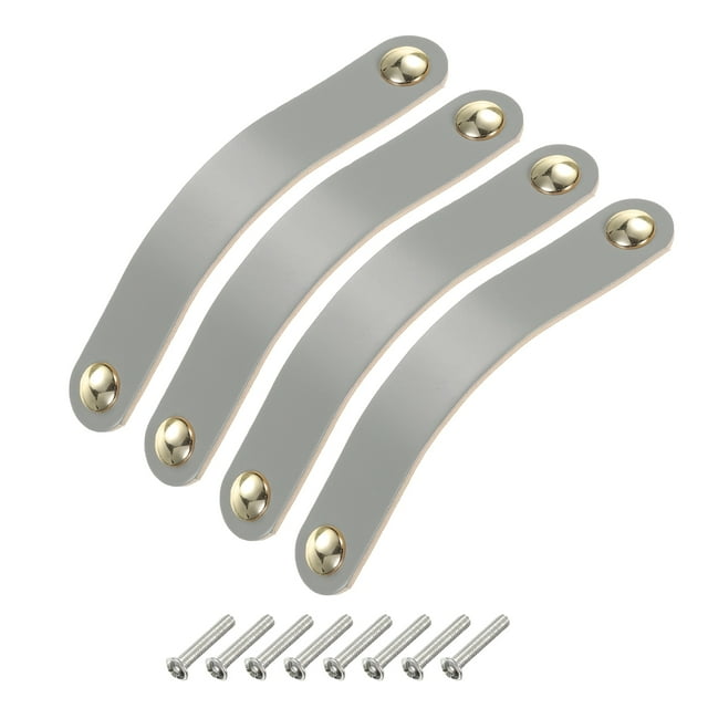 4 Packs Leather Drawer Pulls Double Hole Knobs with Screws, Grey/Gold(Hole Spacing:128mm)