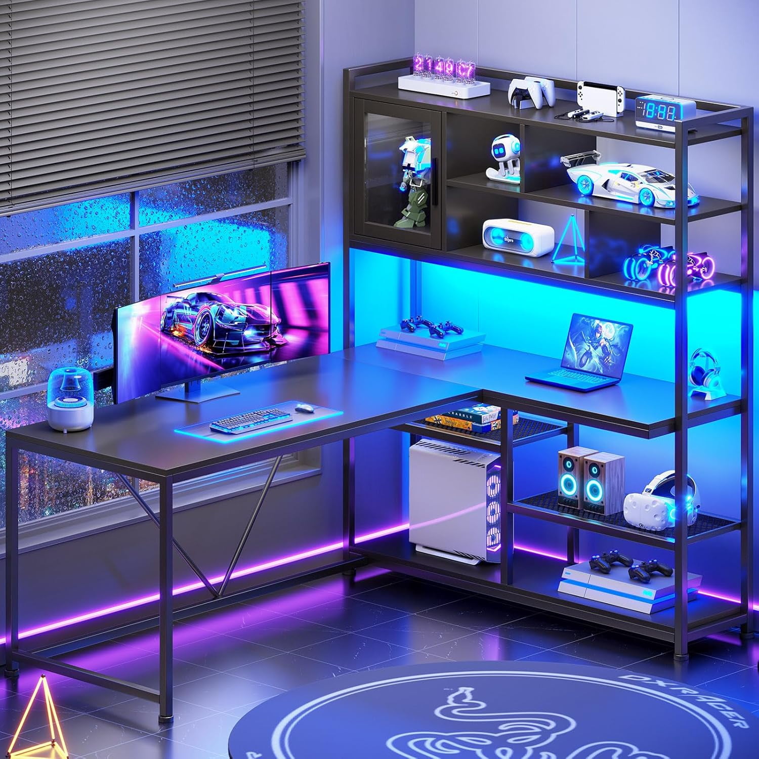 Reversible Gaming Desk with LED Lights & Hutch, L Shaped Computer Desk with 7-Tier Storage Shelves & Glass Cabinet, Black