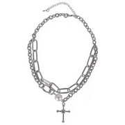 CAROLILY FINERY Carolilly Women Alloy Necklace with Double Structure, Cross Rhinestone Pearl Decoration Adjustable Jewelry