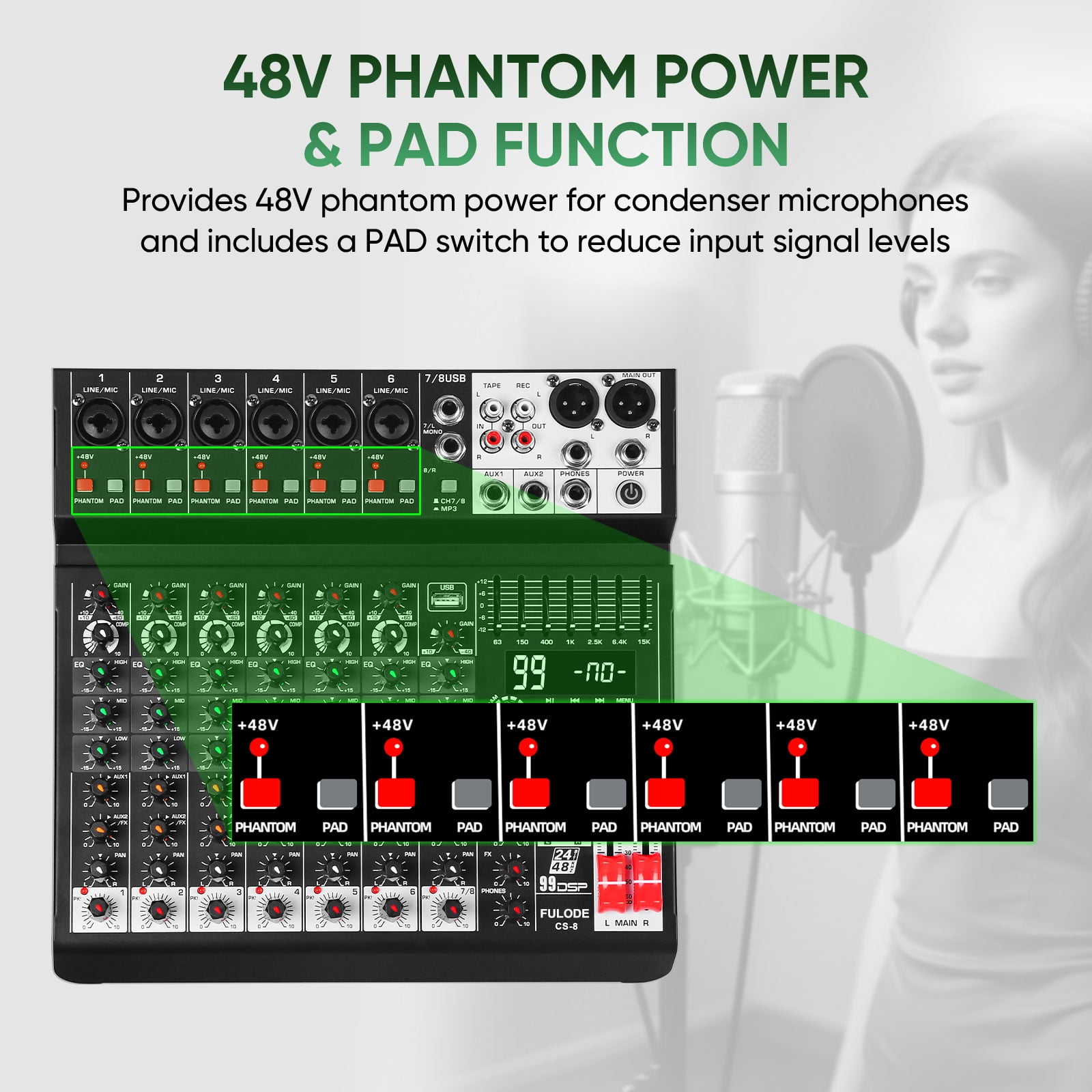 Audio Mixer 8 Channel Sound Mixer Console, Professional Music Mixing Board DJ Mixer w/ 99 DSP, 7-band EQ, USB, Bluetooth, 48V Phantom Power & PAD Function for Recording PA Live Live Streaming