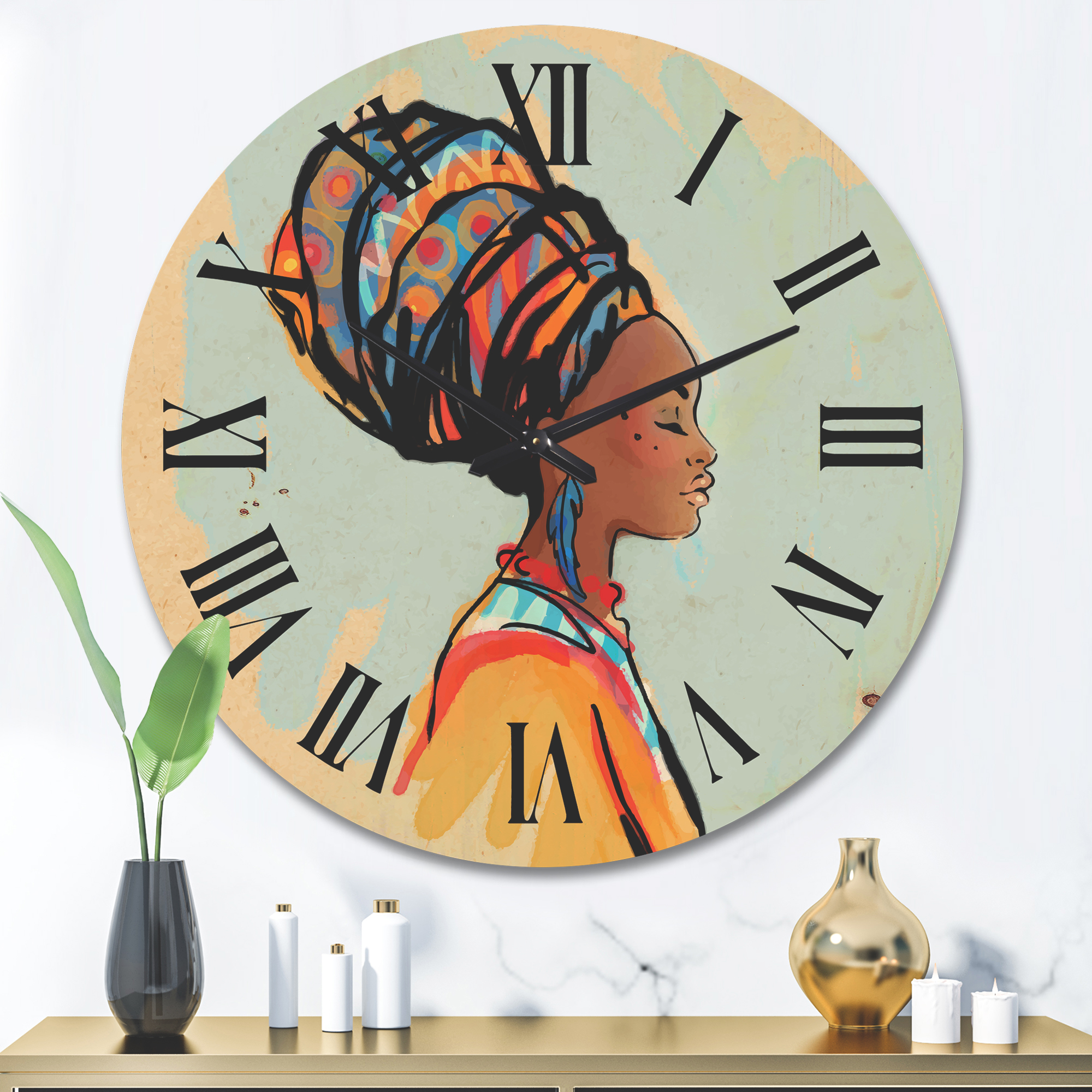 Designart 'Portrait of African American Woman With Turban III' Modern Wood Wall Clock