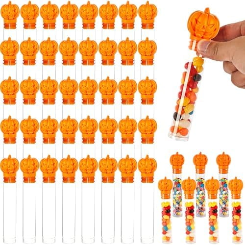 48 Pcs Halloween Pumpkin Candy Tubes Empty Clear Plastic Pumpkins Candy Holder Container for Halloween Trick or Treating Party Favors Gift Bulk Decorate Storage$$Home Decor, Kitchen, & Other