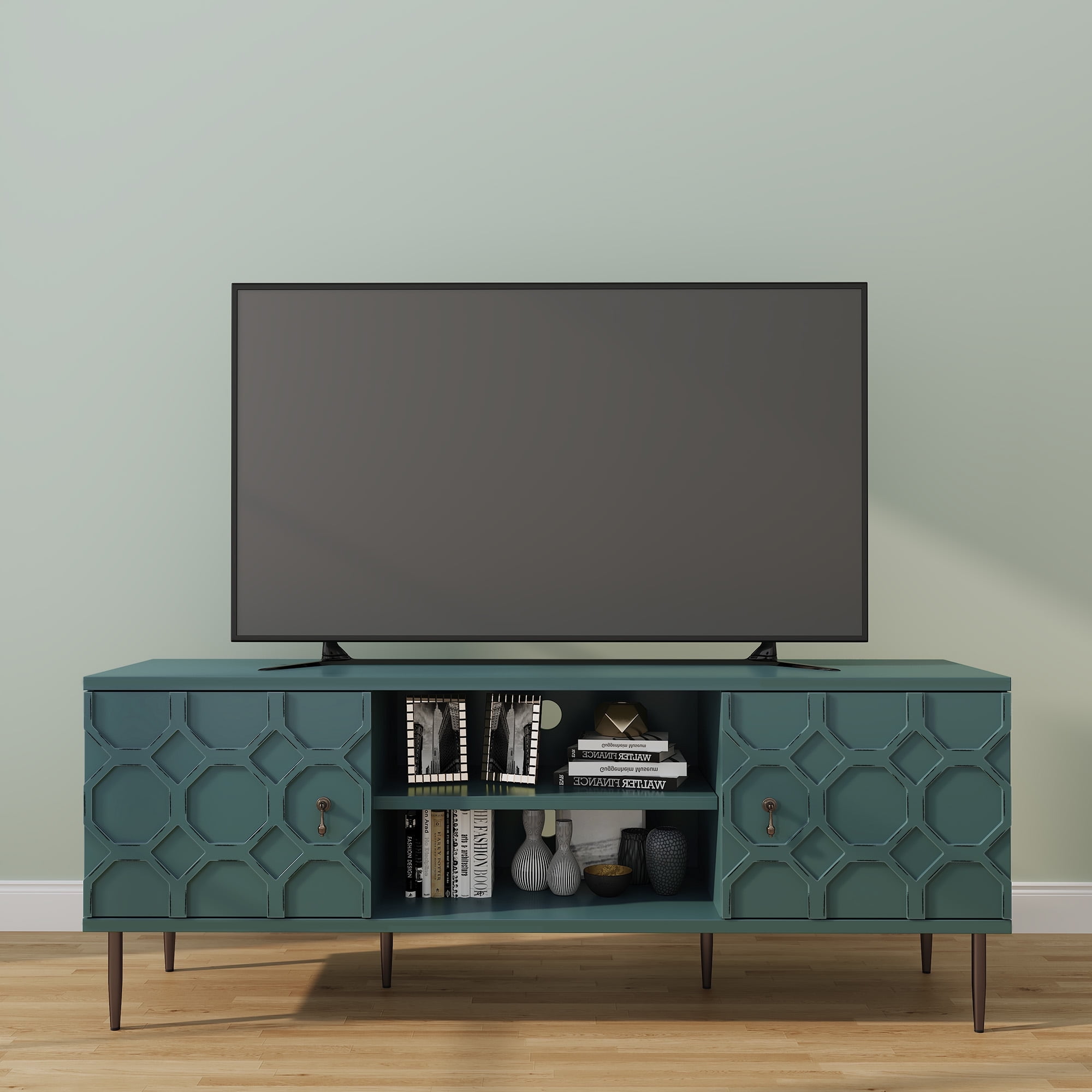 CBJCBJ Entertainment Center Console with 4 Doors and 2 Open Shelves for TV up to 75+ Inch, Green