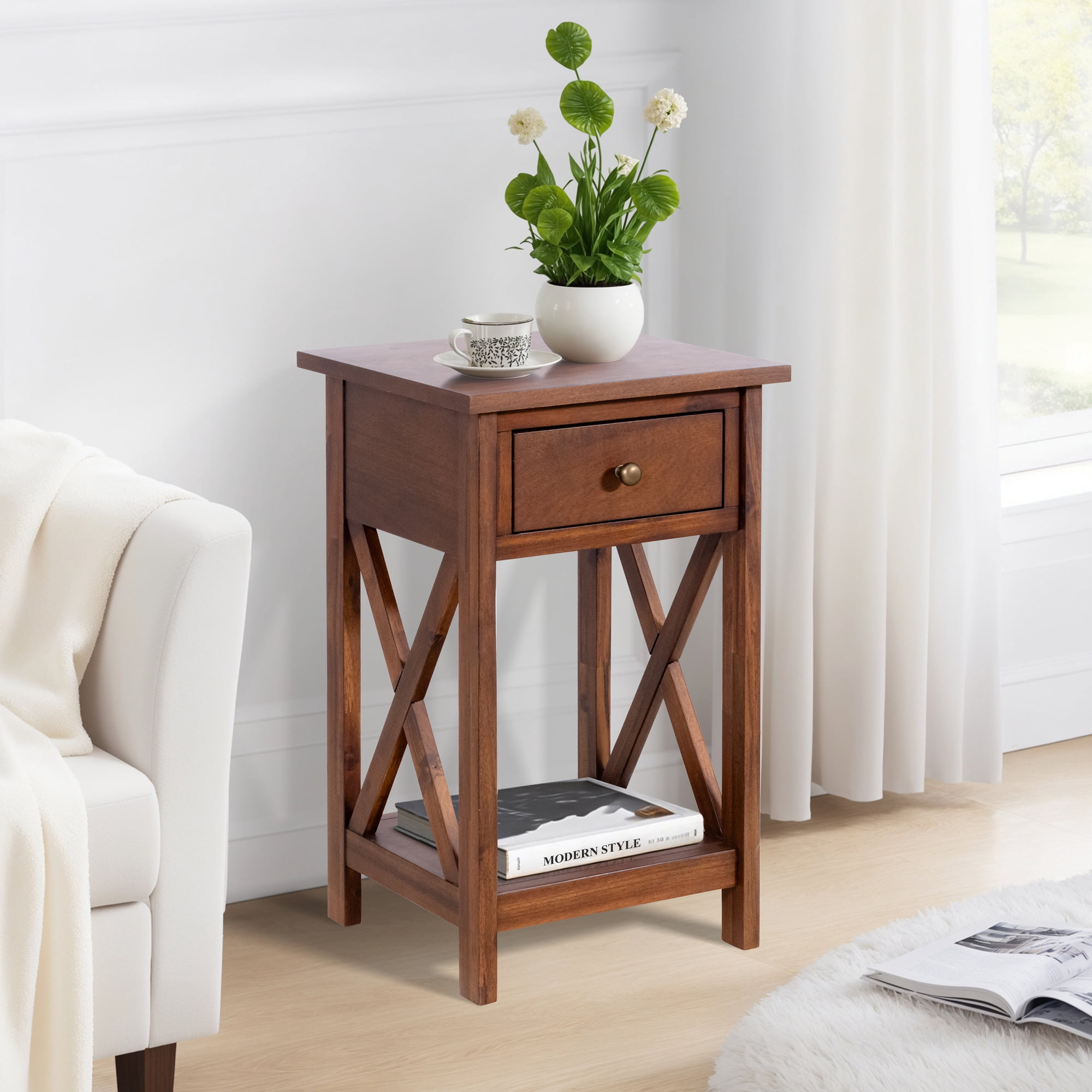 eHemco X-Side Rathe Nightstand End Table Side Table with Drawer and Storage Shelf, Coffee