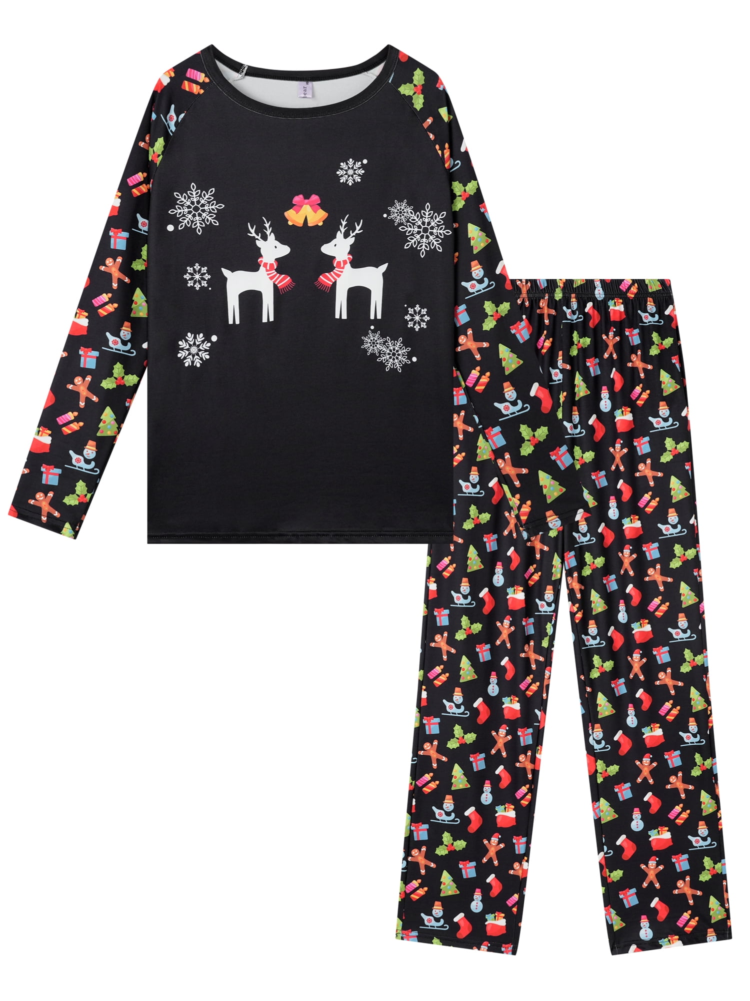 DARING DIVA Pajama Set Deer Print Long Sleeve Black Top Print Pant ["Men"] XL Black