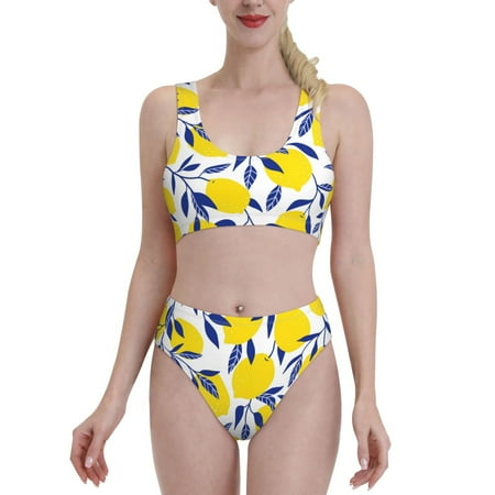 Qekee Tropical Lemon Two Piece Swimsuit for Women  Sporty High Waisted Bathing Suit for Beach  Parties  Surfing - Small