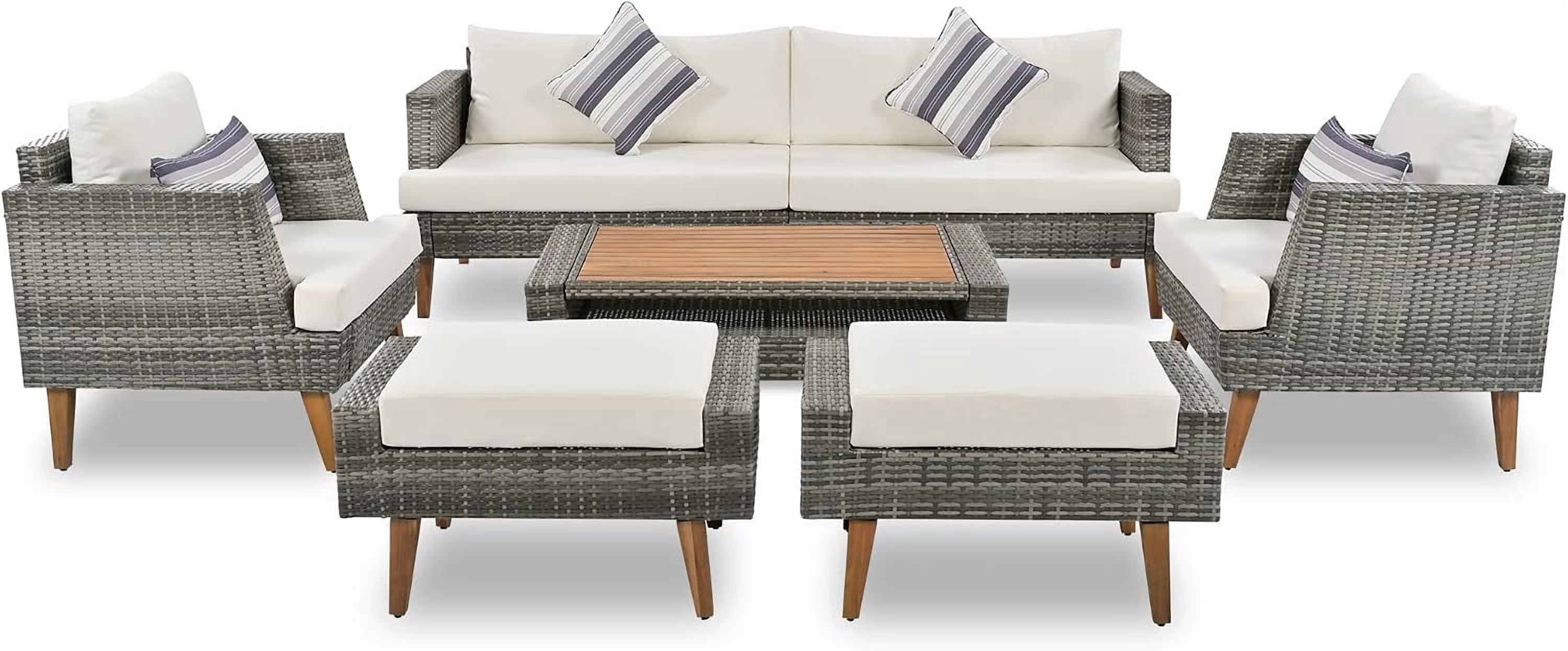 6-Piece All Weather PE Wicker Patio Sofa Set, Outdoor Rattan Seating with Double Cushions, Wood Table Top & Legs, Beige & Gray