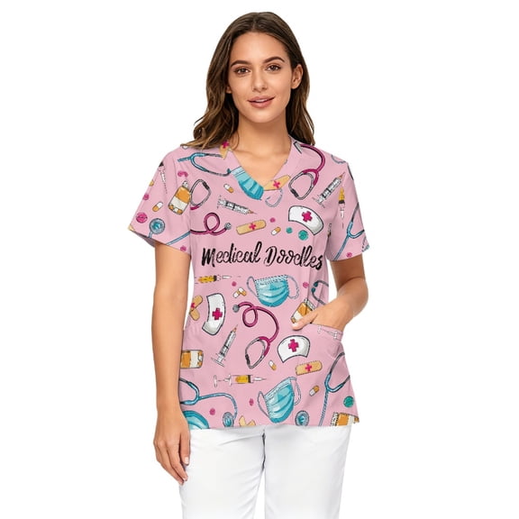 Binienty Nursing Shirt with Medical Doodle Pattern, V Neck Scrub Top for Women Healthcare Workers with Two Front Pockets