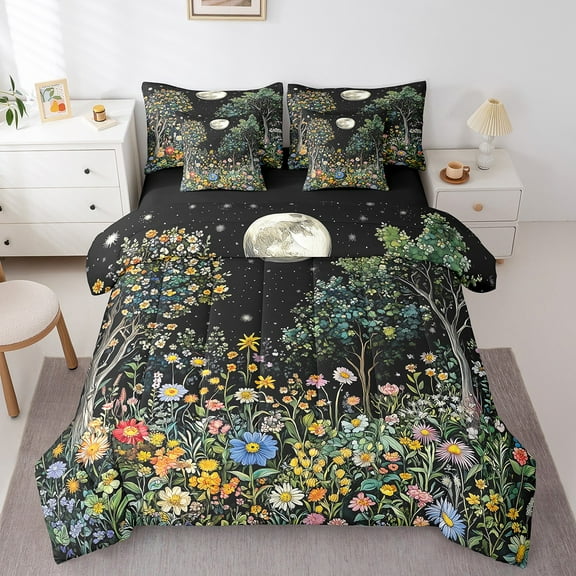 Erosebridal Boho Sun Moon Bedding Sets Twin Size,Colorful Flower Comforter Sets with Sheets,Super Cozy Reversible Bed in a Bag Twin size,Glitter Stars Decoration,7pcs