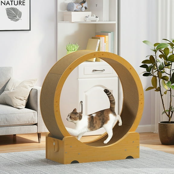 Canddidliike Cat Exercise Wheel, Wood Cat Treadmill with Lock, Silent Casters, Cat Running Wheel for Indoors Kitties, Double-Sided Corrugated Cardboard, Natural