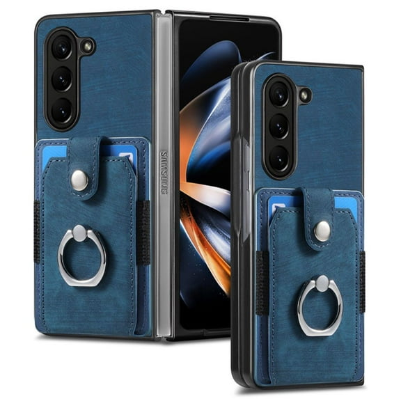 Haobuy for Samsung Galaxy Z Fold 5 Wallet Case with Ring Kickstand  Leather Shockproof Business Case-Blue