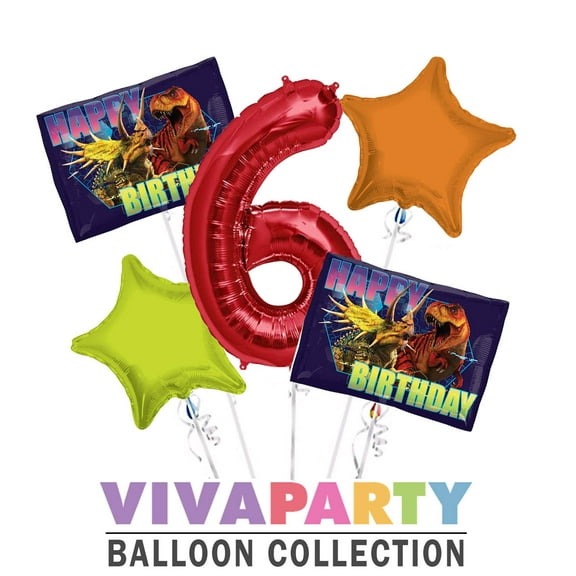 Jurassic World Round Balloon Bouquet 5 pc, 6th Birthday, Red Number 6 Jumbo Balloon | Viva Party Balloon Collection