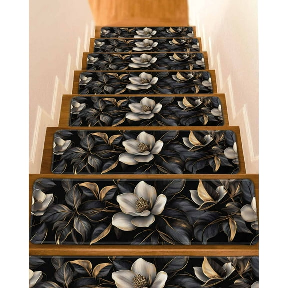 Black Gold Flower Stair Treads for Wooden Steps Indoor Runner Rug Carpet, Gradient Luxurious Floral Botanical 7 Pieces Peel and Stick Staircase Step Treads Covers Washable Throw Door Mats, 30"x8"