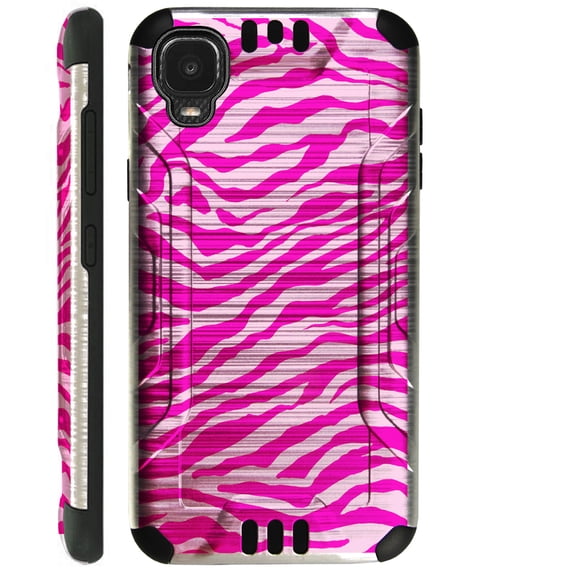 Compatible with TCL A3 Brushed Metal Texture Hybrid Silver Guard Phone Case Cover (Light Pink Zebra Skin)