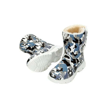 

Lacyhop Girls Boys Warm Shoes Mid Calf Winter Boot Plush Lined Snow Boots School Casual Breathable Faux Fur Full Camouflage White Blue 10C