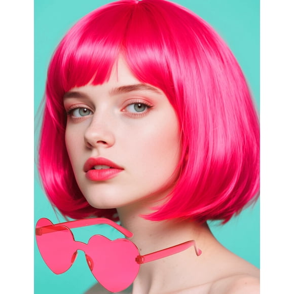 FSLLZCJY Peluca Bob Rosa con Gafas de Sol en Forma de Corazón - Fibra sintética Resistente al Calor Ajustable y de Aspecto Natural