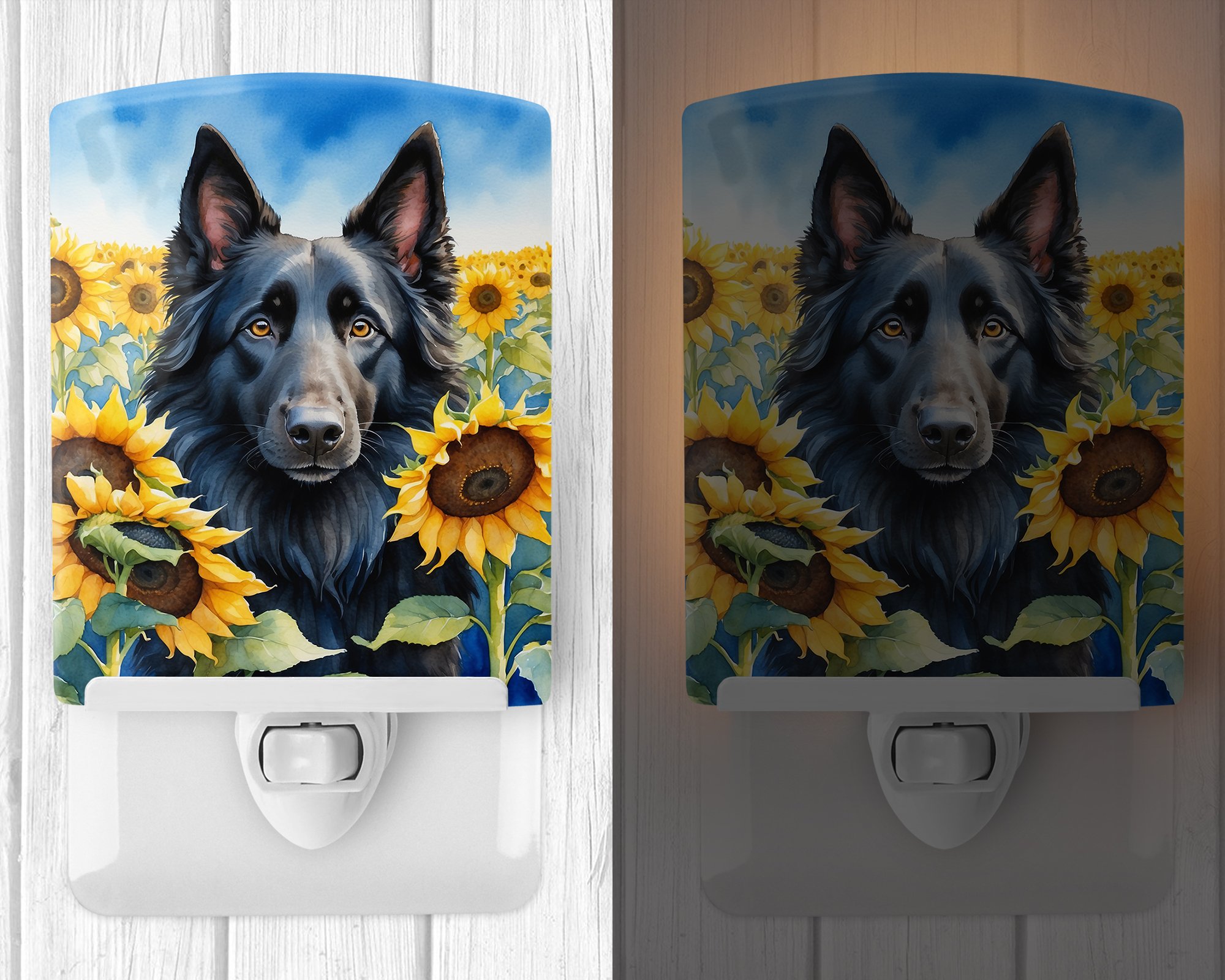 Belgian Sheepdog in Sunflowers Ceramic Night Light 4 in x 6 in