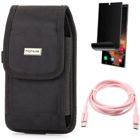 Privacy Screen Protector & Pink 6ft Long Cable & Case Belt Clip for Samsung Galaxy S22 Ultra (6.8") - Combo TPU Film (Fingerprint) Anti-Peep & USB-C to Type-C PD Fast Charger Cord & Rugged Holster