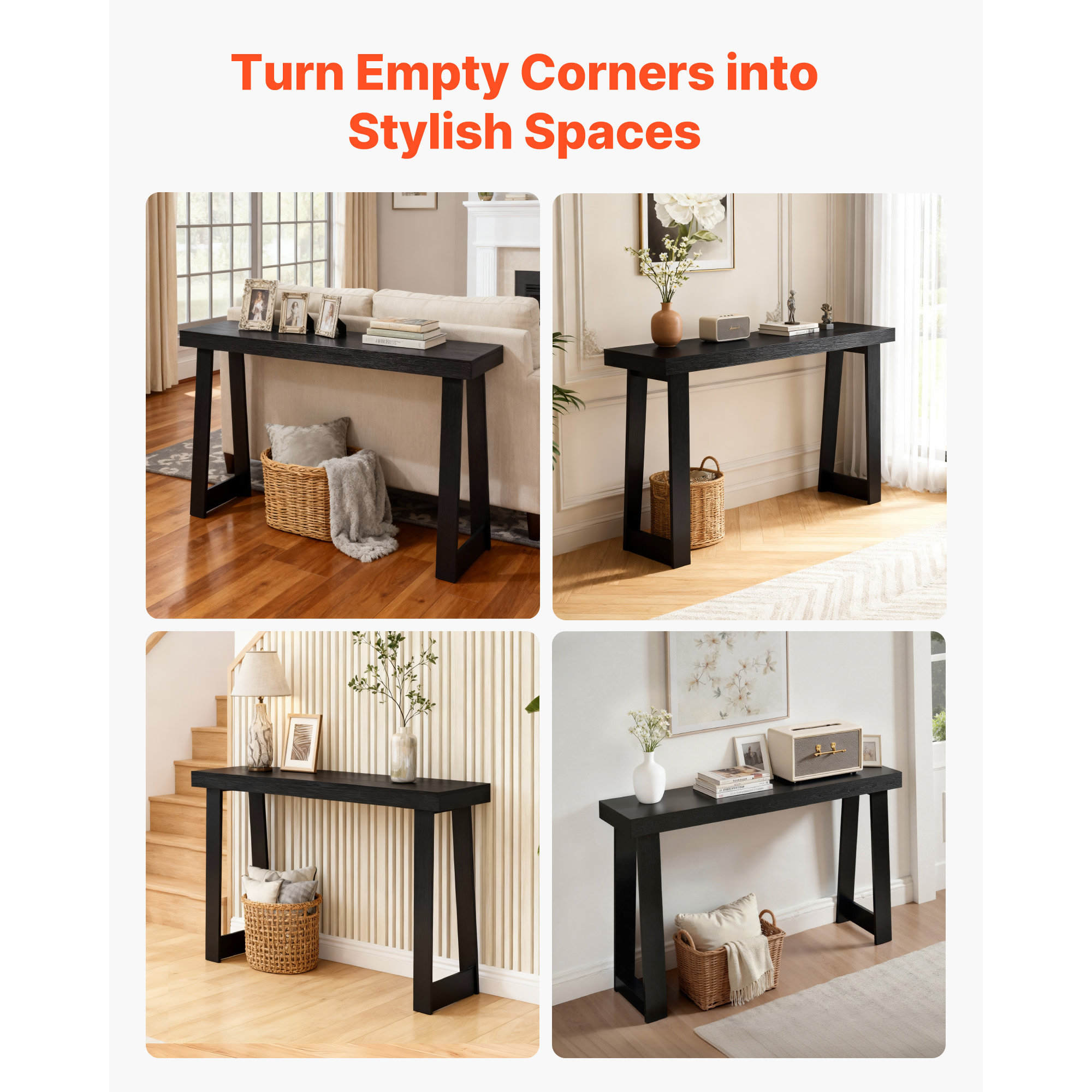 KFFKFF 46-inch Console Table, Modern Wooden Desk for Behind the Couch, Rectangular Entryway Table, Narrow Long Accent Stand for Hallway, Bedroom, Living Room, or Foyer, Simple Assembly, Black